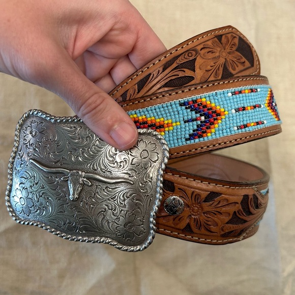 Tony Lama Tan Leather Belt with Silver Buckle and Colorful Beading - Picture 1 of 5